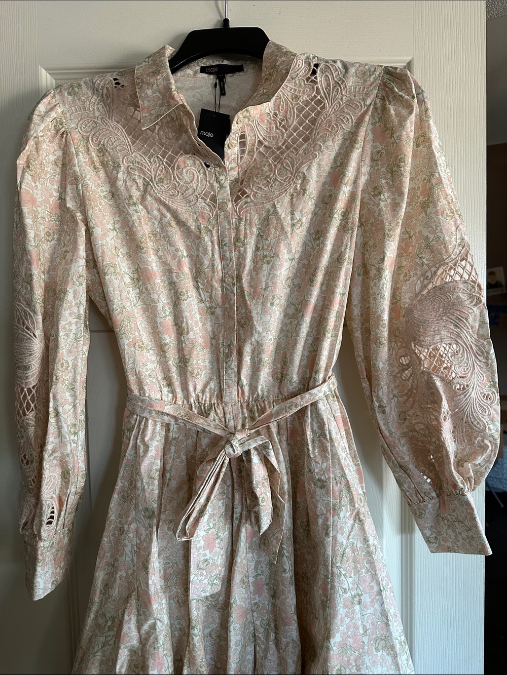 Maje Pale Pink Floral Lace-Detail Long Sleeve Maxi Dress